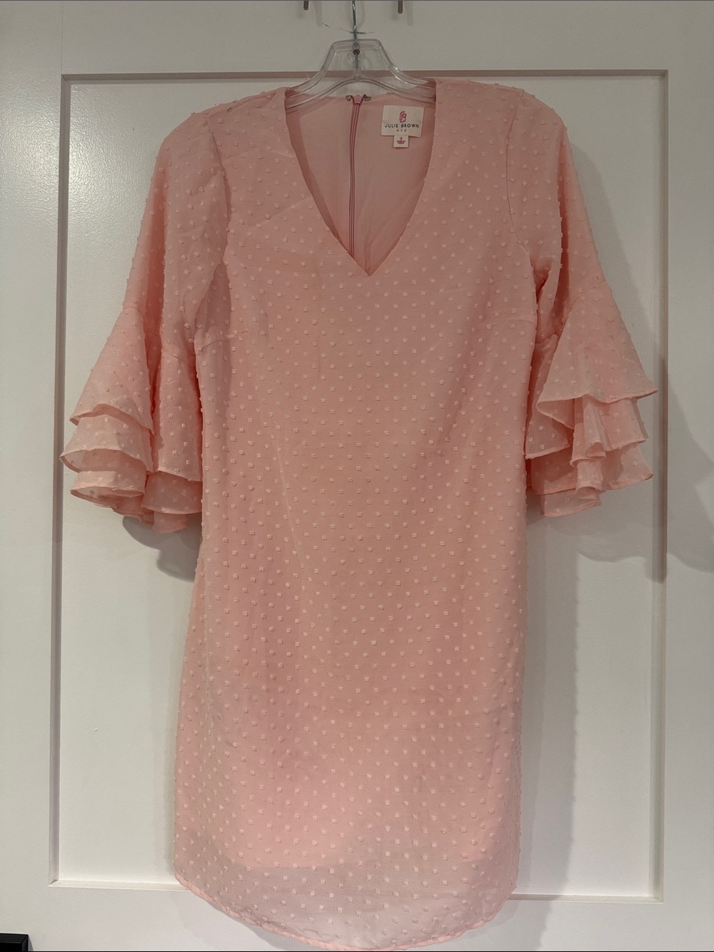 JB by Julie Brown Blush Pink V-Neck Swiss Dot Ruffle-Sleeve Mini Dress